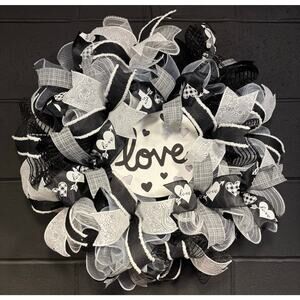 Large Valentines Day Wreath~Black White Silver~Winter Holiday~Handmade Deco Mesh